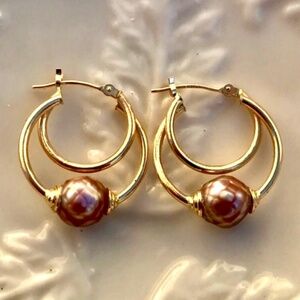 14K Gold Double Hoop Earrings with Baroque Pearls